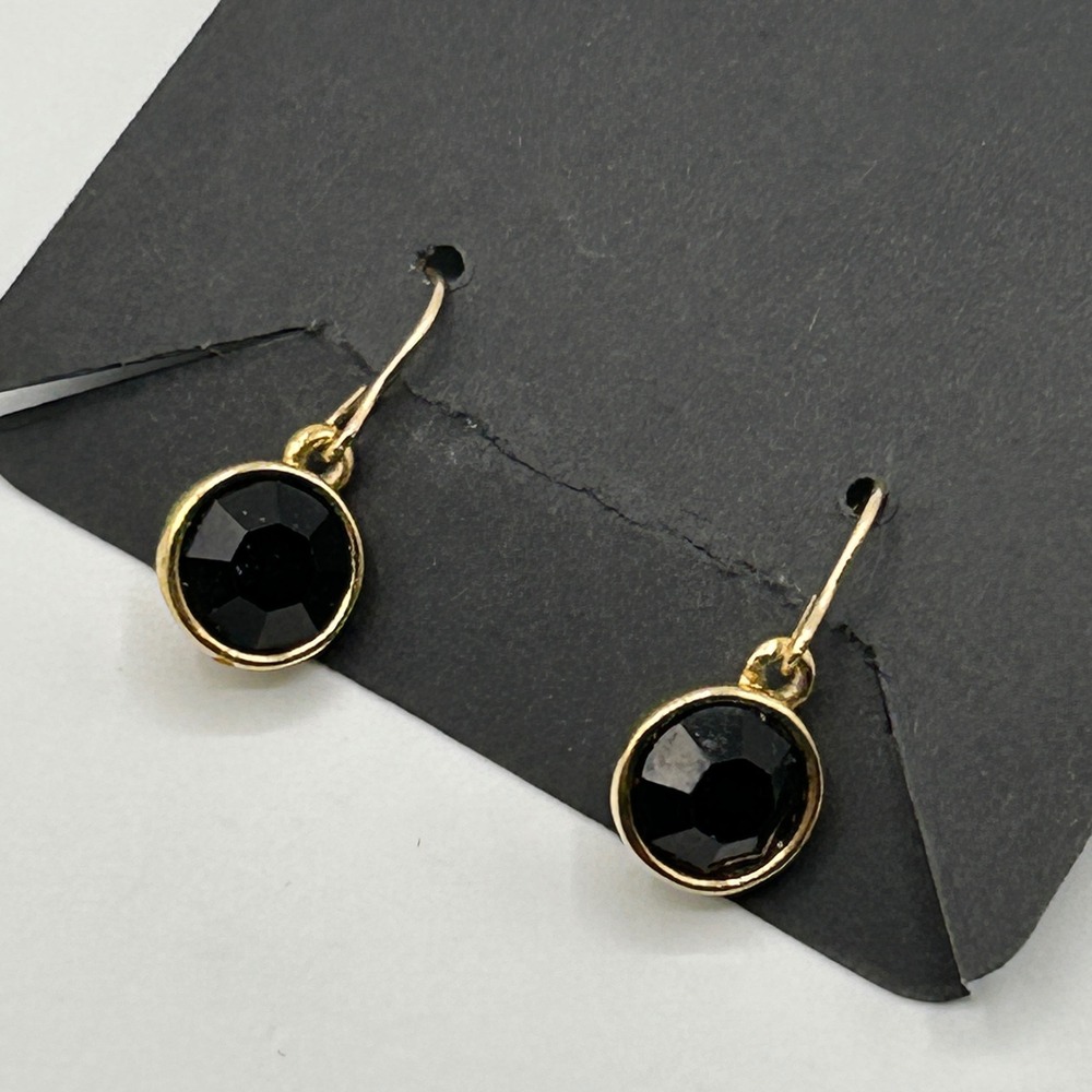 Gold Tone Round Faceted Black Stone Drop Dangle Earrings Women's Fashion Jewelry